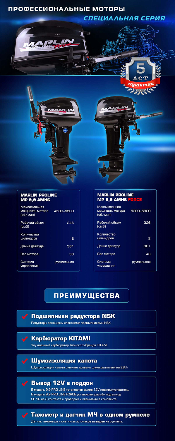 Лодочный мотор MARLIN PROLINE MP 9.9 (20) AMHS FORCE в Благовещенске